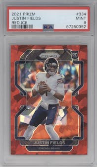 Justin Fields from the 2021 Panini Prizm set featuring a Red Ice parallel graded by PSA and given an overall grade of 9.