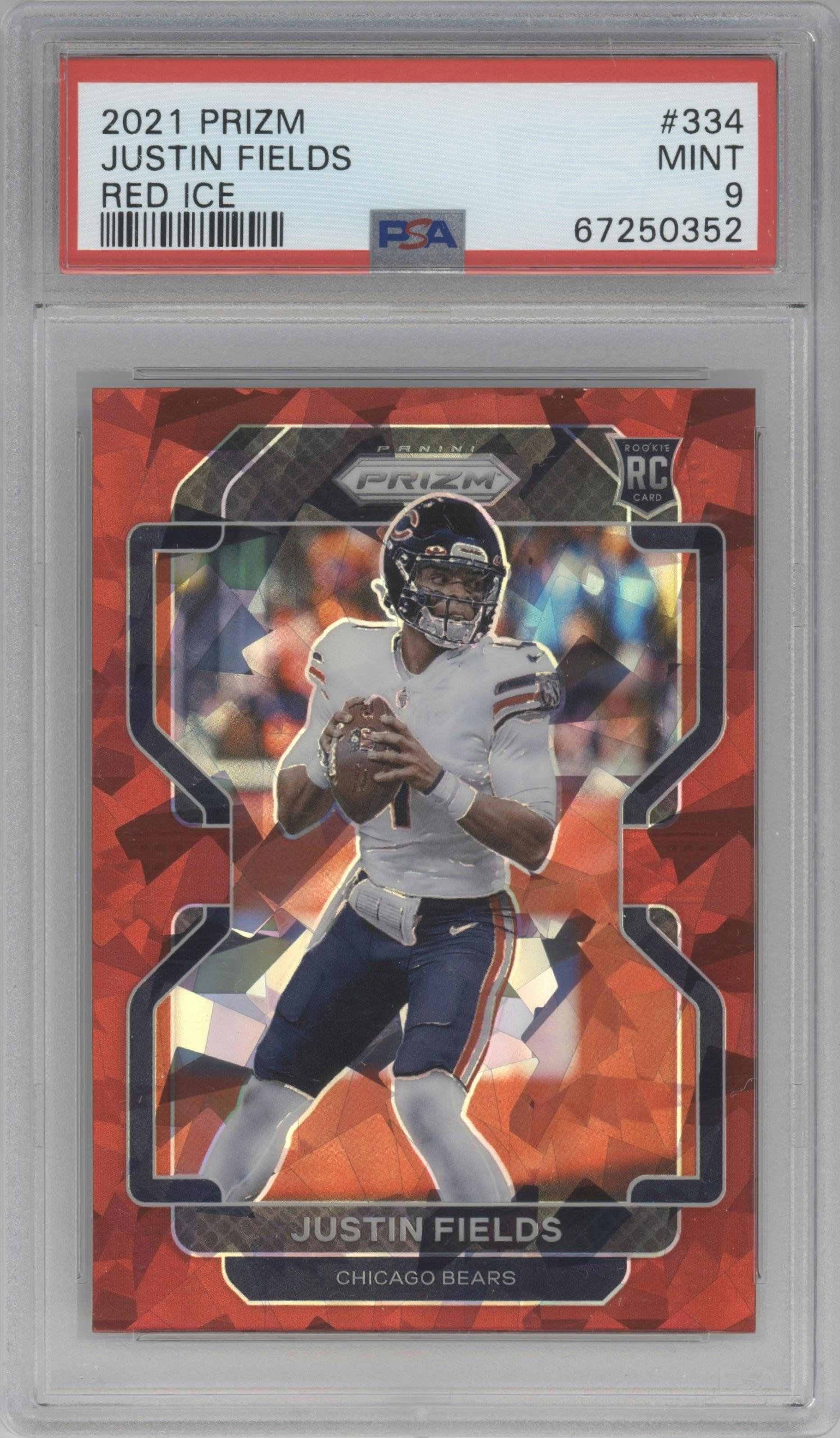 Justin Fields from the 2021 Panini Prizm set featuring a Red Ice parallel graded by PSA and given an overall grade of 9.