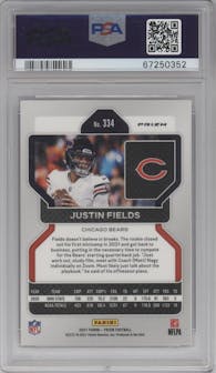 Justin Fields from the 2021 Panini Prizm set featuring a Red Ice parallel graded by PSA and given an overall grade of 9.