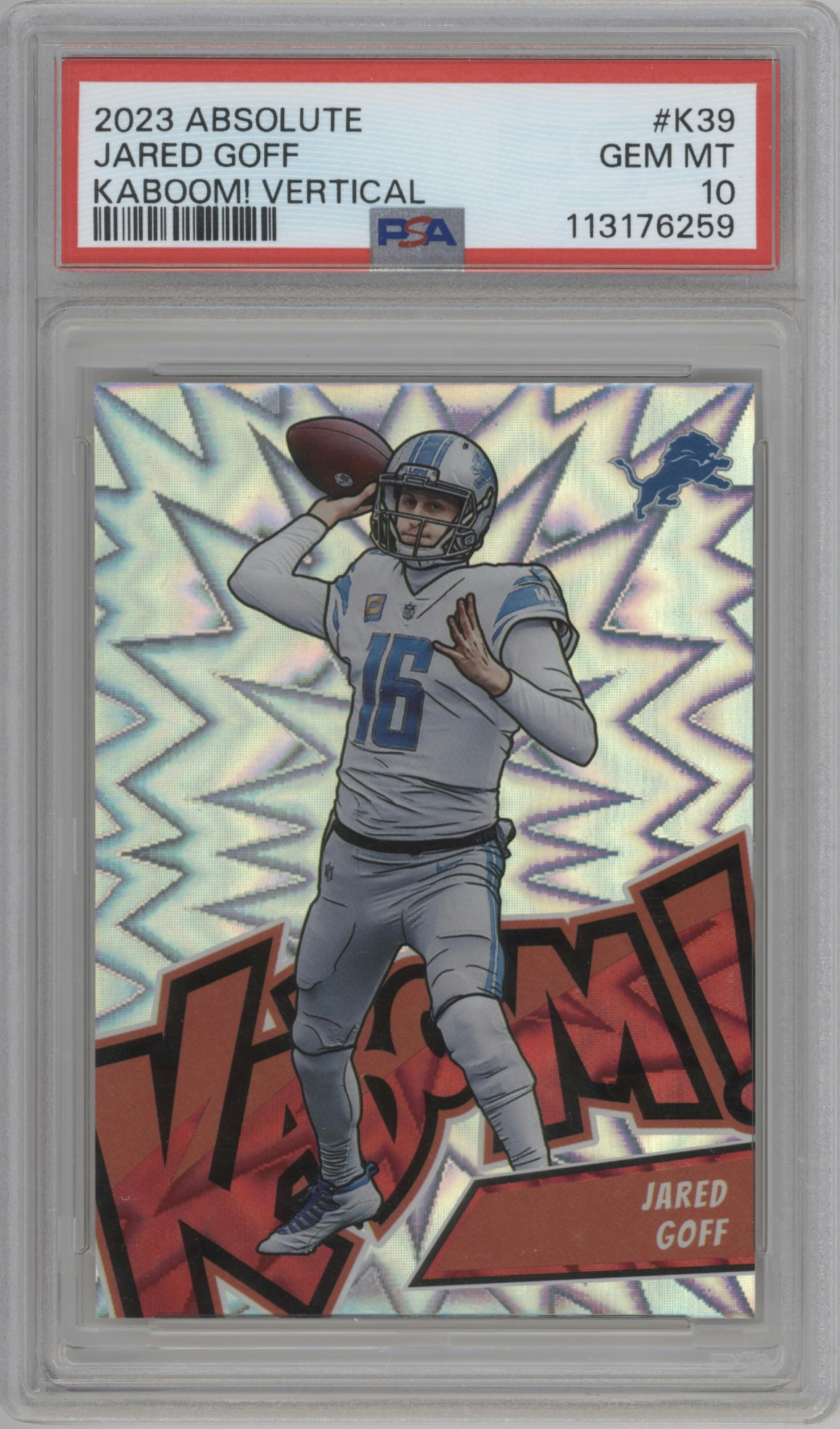Jared Goff from the 2023 Panini Absolute set graded by PSA and given an overall grade of 10.