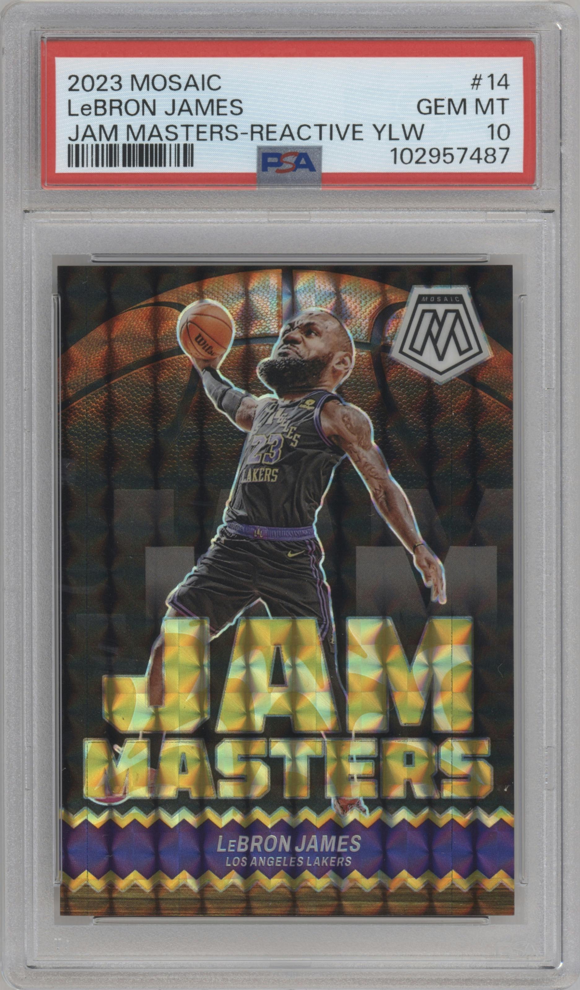 LeBron James from the 2023-24 Panini Mosaic set featuring a Reactive Yellow parallel graded by PSA and given an overall grade of 10.