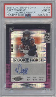 Dazz Newsome from the 2021 Panini Contenders Optic set featuring a Purple Pulsar parallel graded by PSA and given an overall grade of 9.