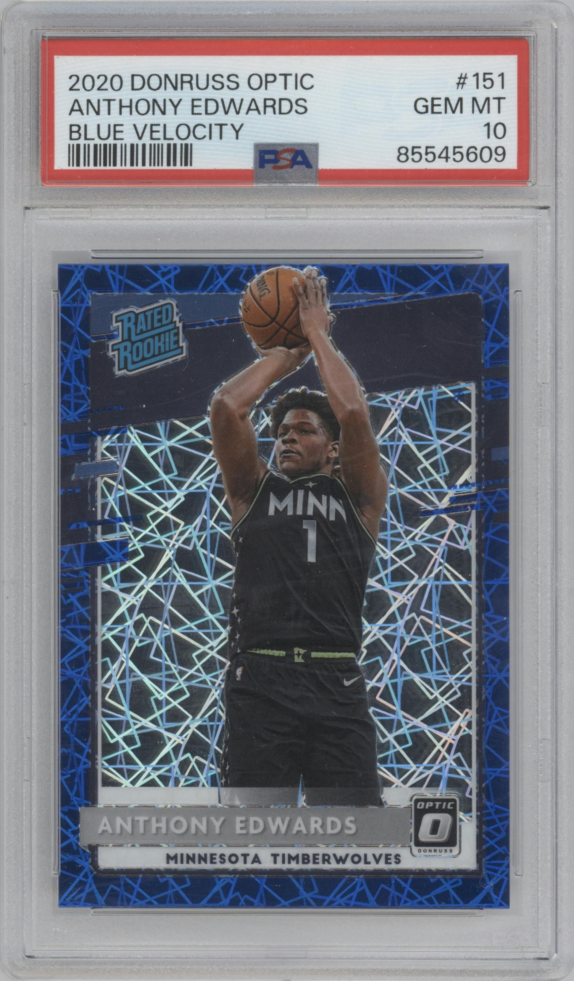 Anthony Edwards from the 2020-21 Panini Donruss Optic set featuring a Blue Velocity  parallel graded by PSA and given an overall grade of 10.