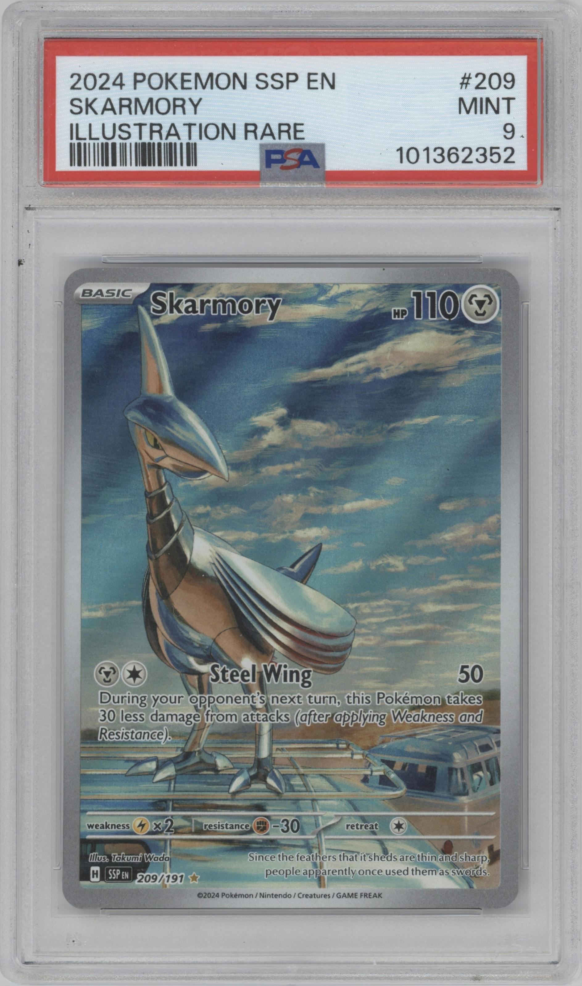 Skarmory from the 2024 Pokemon SV set graded by PSA and given an overall grade of 9.