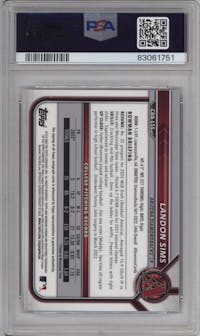Landon Sims from the 2022 Bowman Draft set featuring a Gold Refractor parallel graded by PSA and given an overall grade of 10.