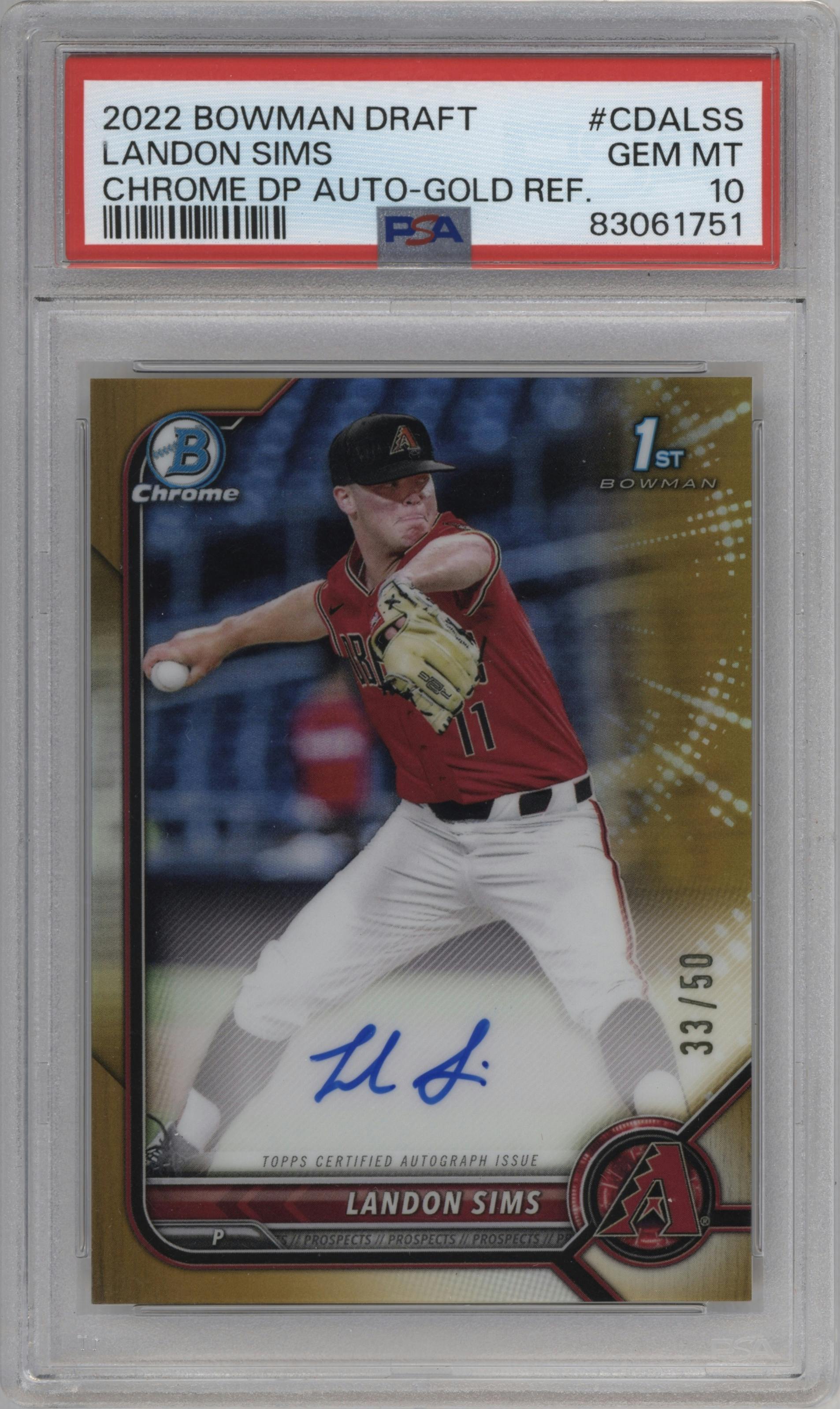 Landon Sims from the 2022 Bowman Draft set featuring a Gold Refractor parallel graded by PSA and given an overall grade of 10.