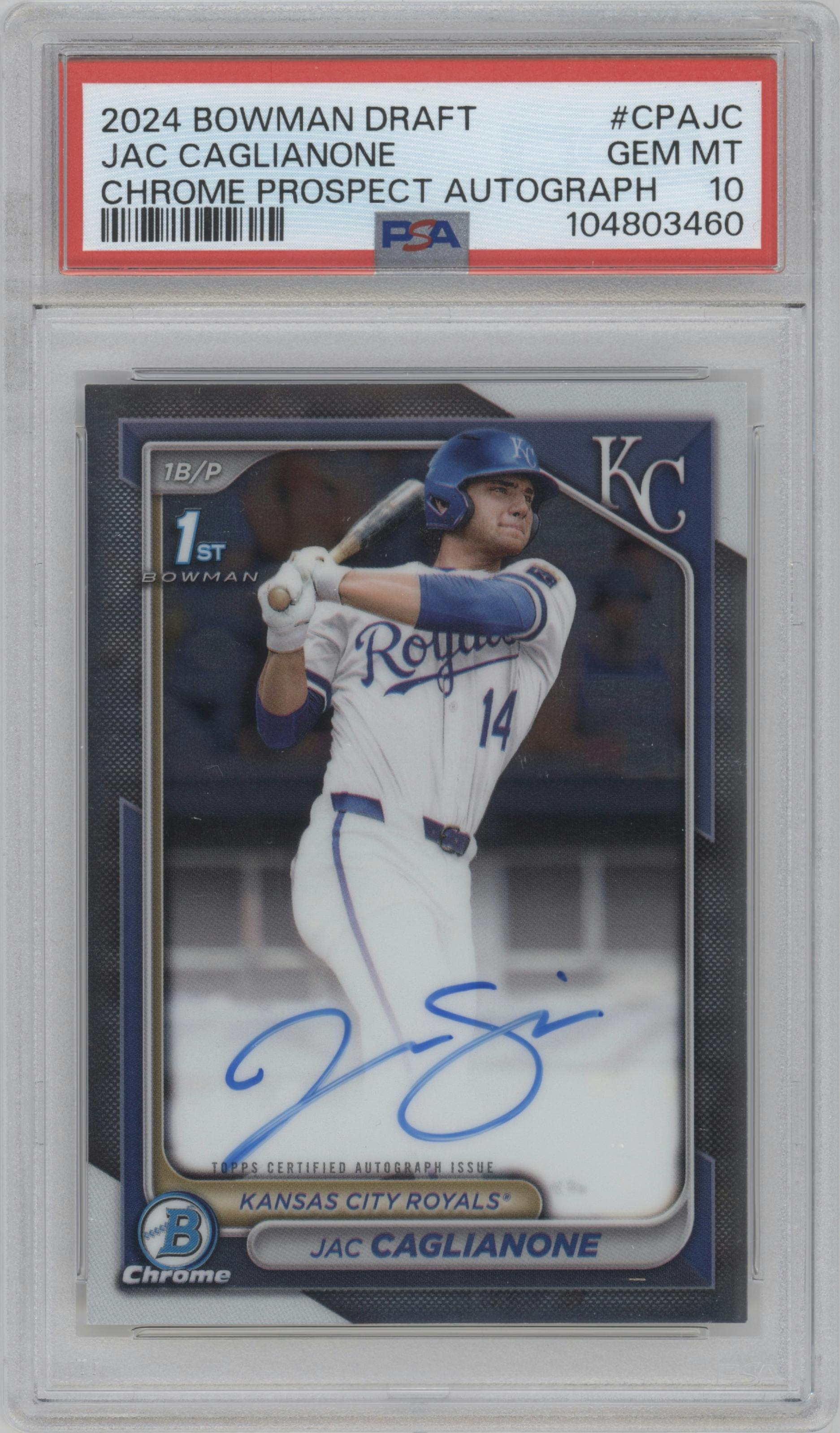 Jac Caglianone from the 2024 Bowman Draft set graded by PSA and given an overall grade of 10.