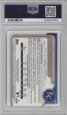Jac Caglianone from the 2024 Bowman Draft set graded by PSA and given an overall grade of 10.
