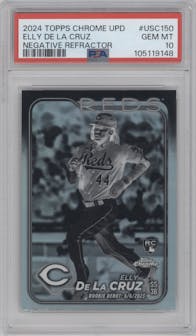 Elly De La Cruz from the 2024 Topps Chrome Update set featuring a Negative Refractor parallel graded by PSA and given an overall grade of 10.