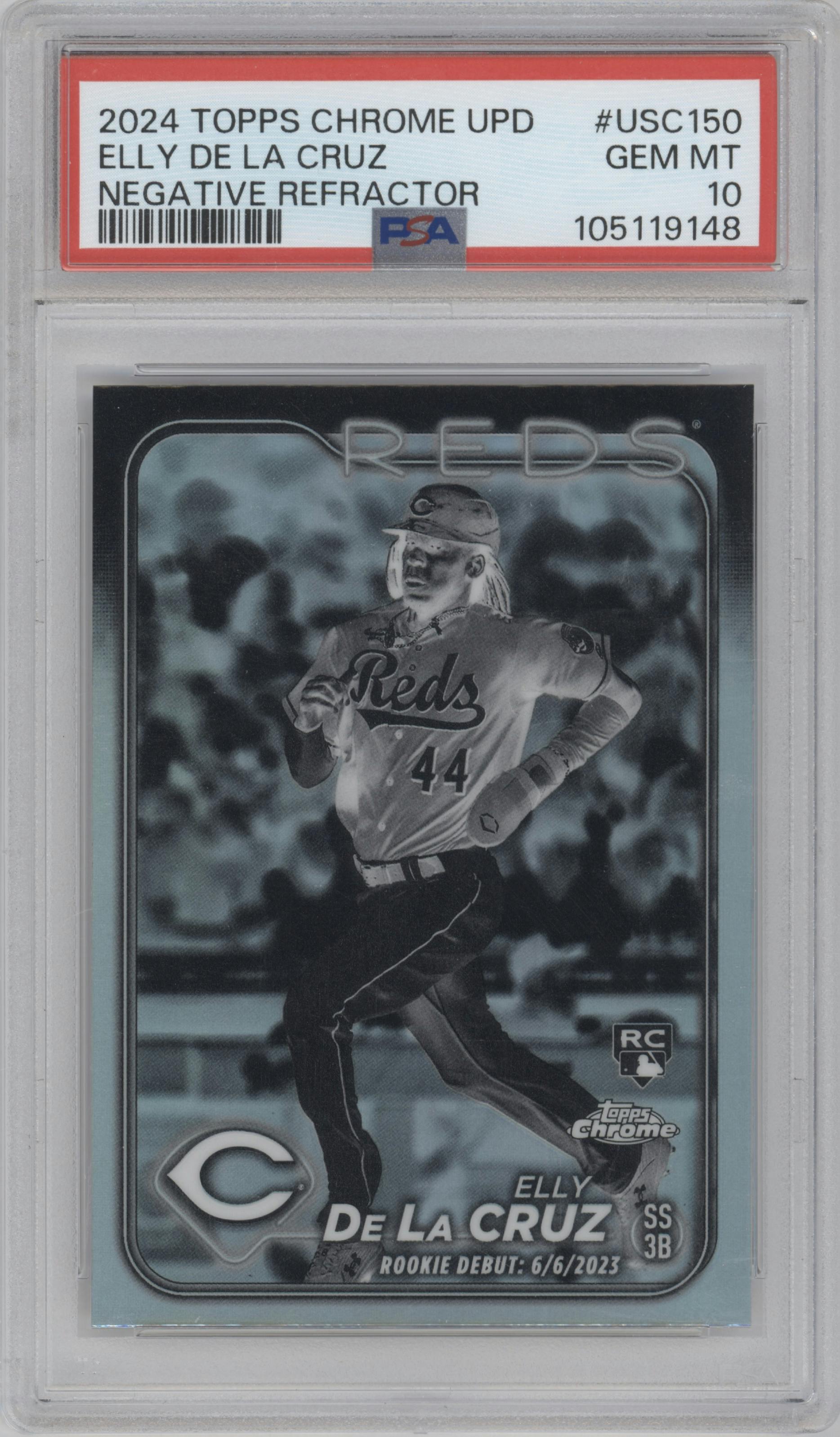 Elly De La Cruz from the 2024 Topps Chrome Update set featuring a Negative Refractor parallel graded by PSA and given an overall grade of 10.