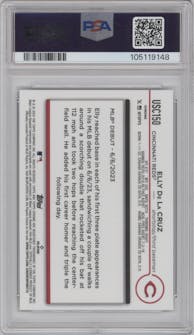 Elly De La Cruz from the 2024 Topps Chrome Update set featuring a Negative Refractor parallel graded by PSA and given an overall grade of 10.