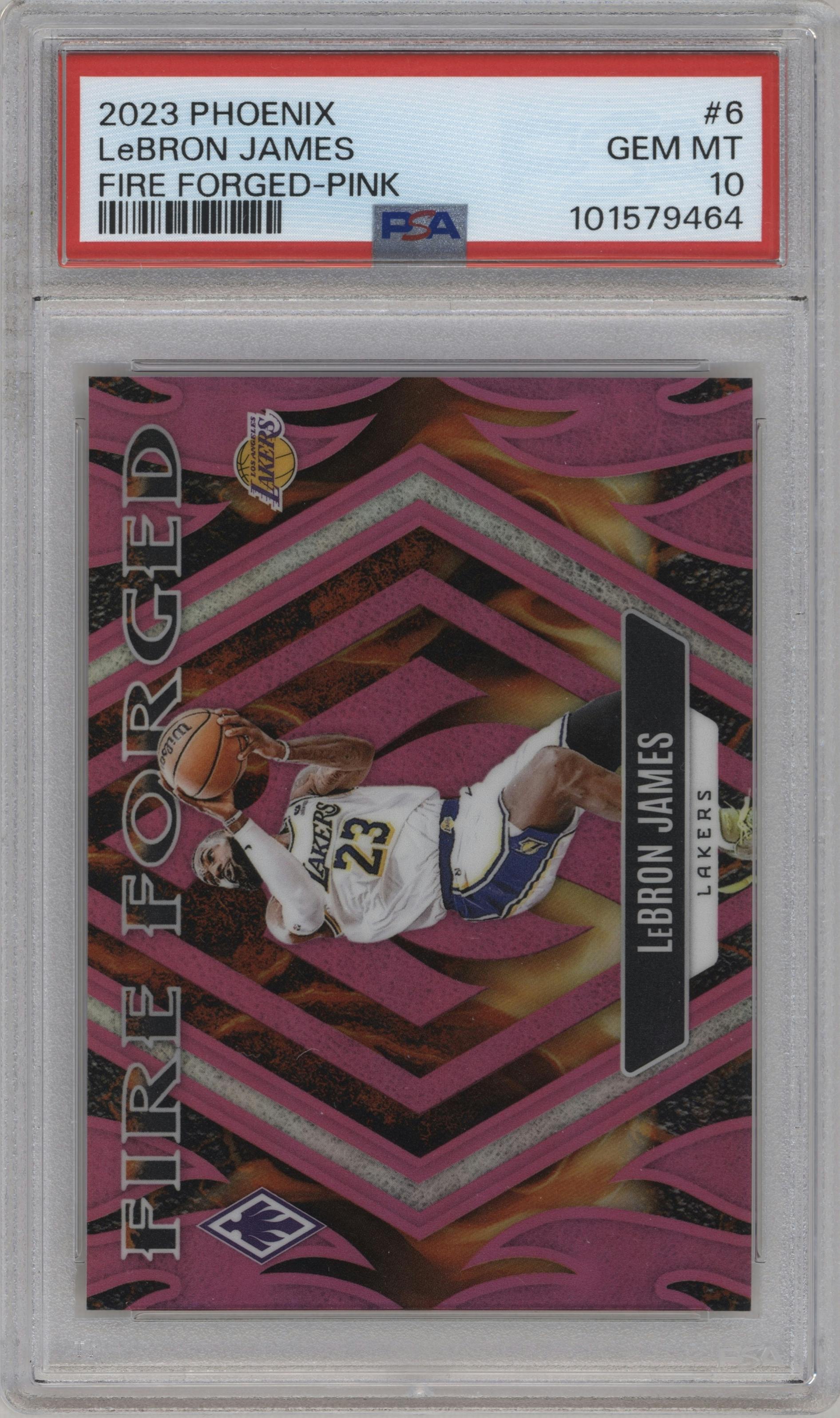 LeBron James from the 2023-24 Panini Phoenix set featuring a Pink parallel graded by PSA and given an overall grade of 10.