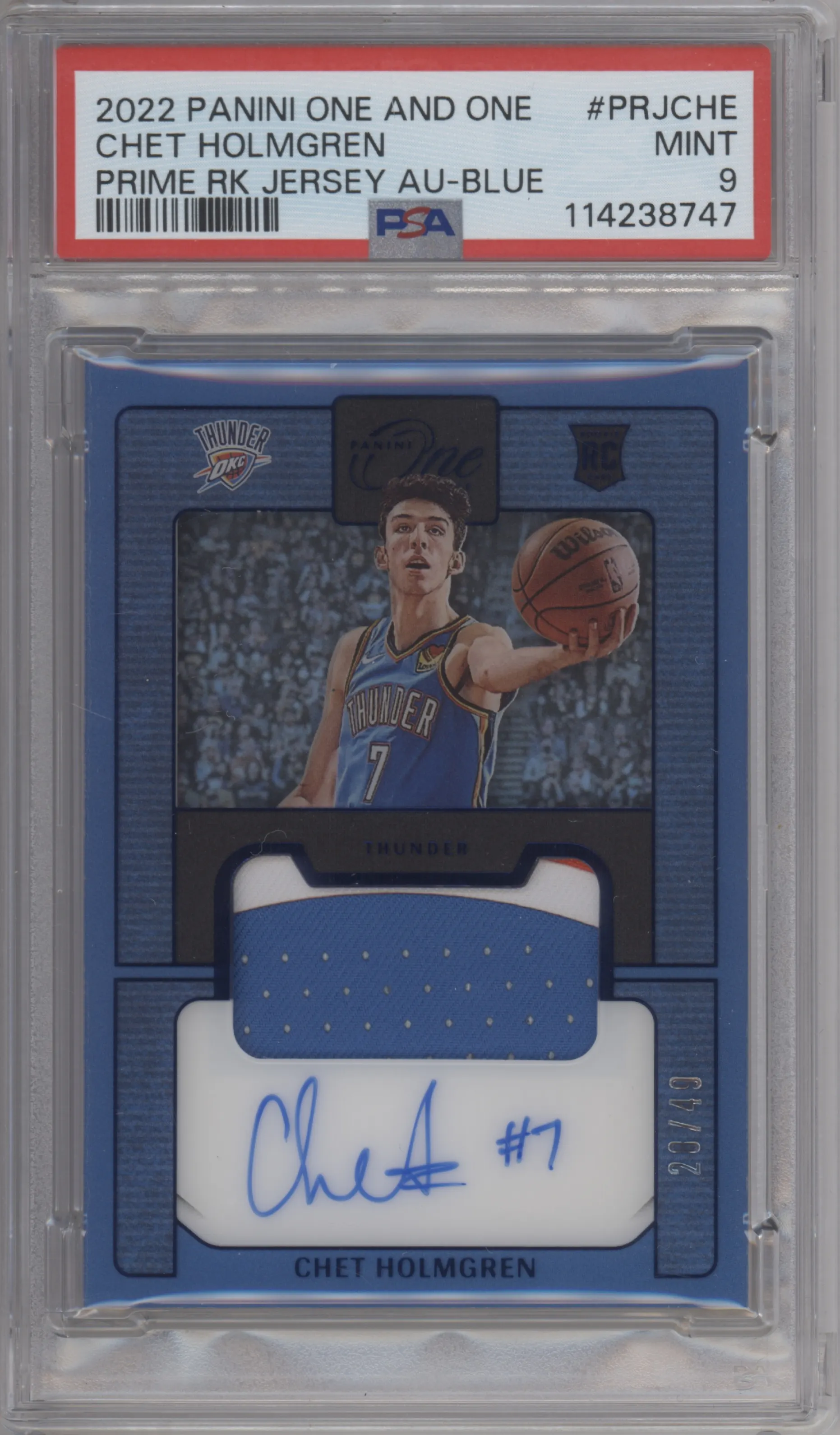 2022 Panini One and One Prime Rke.Jrsy.Auto Chet Holmgren Blue #PRJ-CHE PSA 9