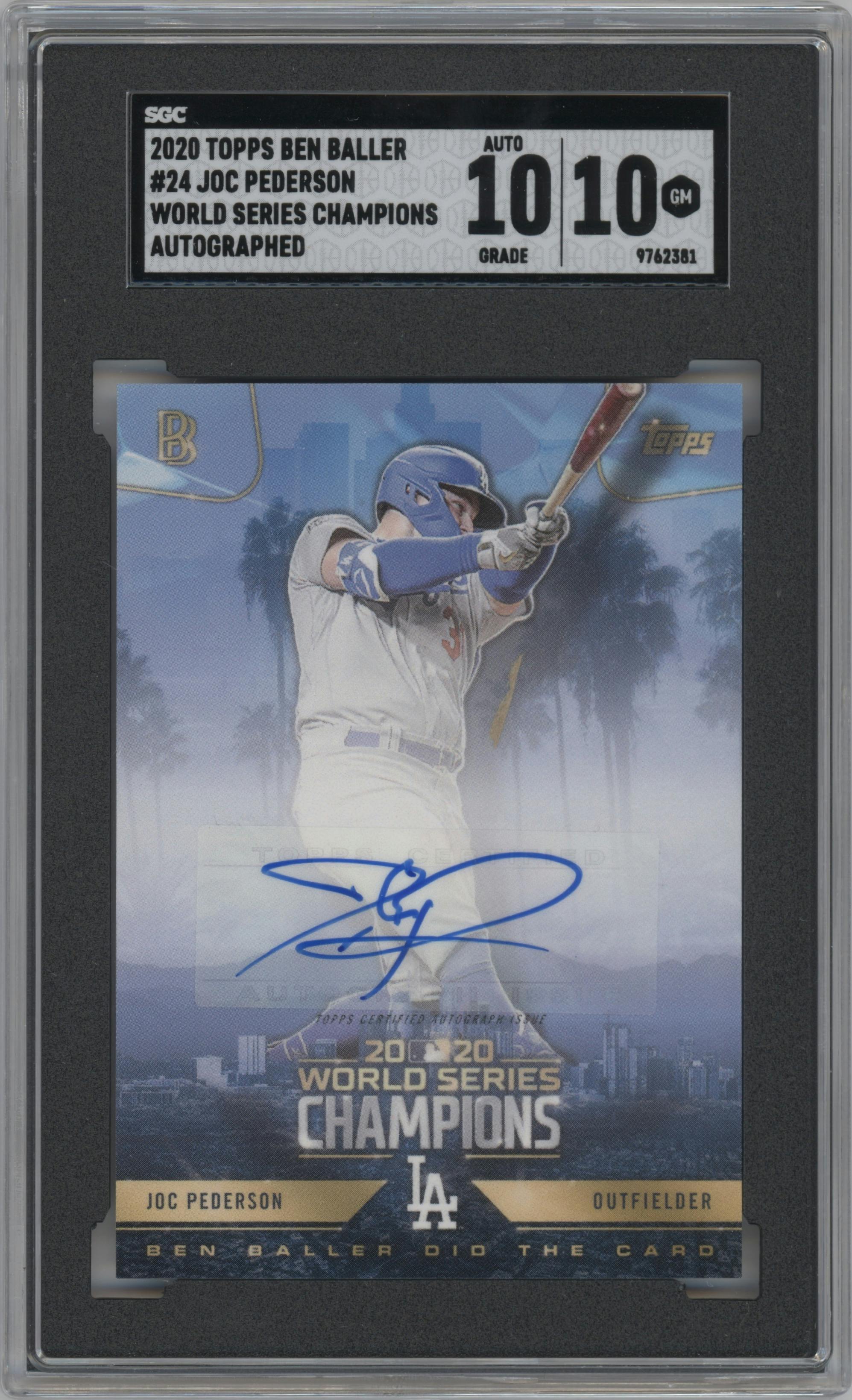 Joc Pederson from the 2020 Topps x Ben Baller Los Angeles Dodgers World Series Champions set graded by SGC and given an overall grade of 10.