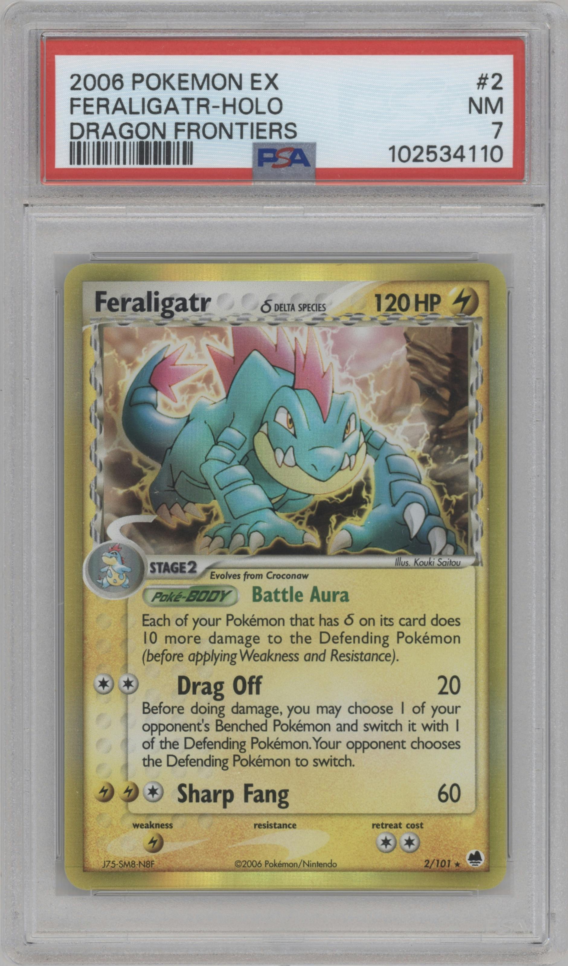 Feraligatr from the 2006 Pokemon EX set graded by PSA and given an overall grade of 7.