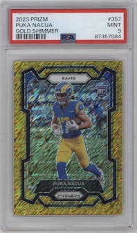 Puka Nacua from the 2023 Panini Prizm set featuring a Gold Shimmer parallel graded by PSA and given an overall grade of 9.
