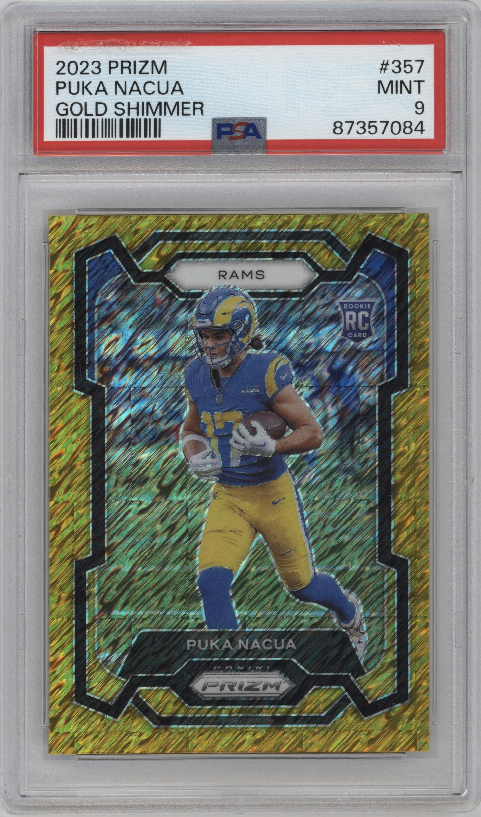 Puka Nacua from the 2023 Panini Prizm set featuring a Gold Shimmer parallel graded by PSA and given an overall grade of 9.