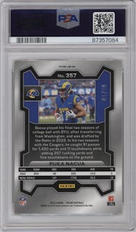 Puka Nacua from the 2023 Panini Prizm set featuring a Gold Shimmer parallel graded by PSA and given an overall grade of 9.