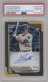 Cooper Pratt from the 2024 Bowman set featuring a Gold Refractor parallel graded by PSA and given an overall grade of 10.