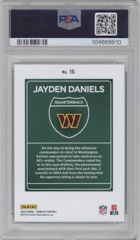 Jayden Daniels from the 2024 Donruss set graded by PSA and given an overall grade of 10.