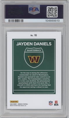 Jayden Daniels from the 2024 Donruss set graded by PSA and given an overall grade of 10.