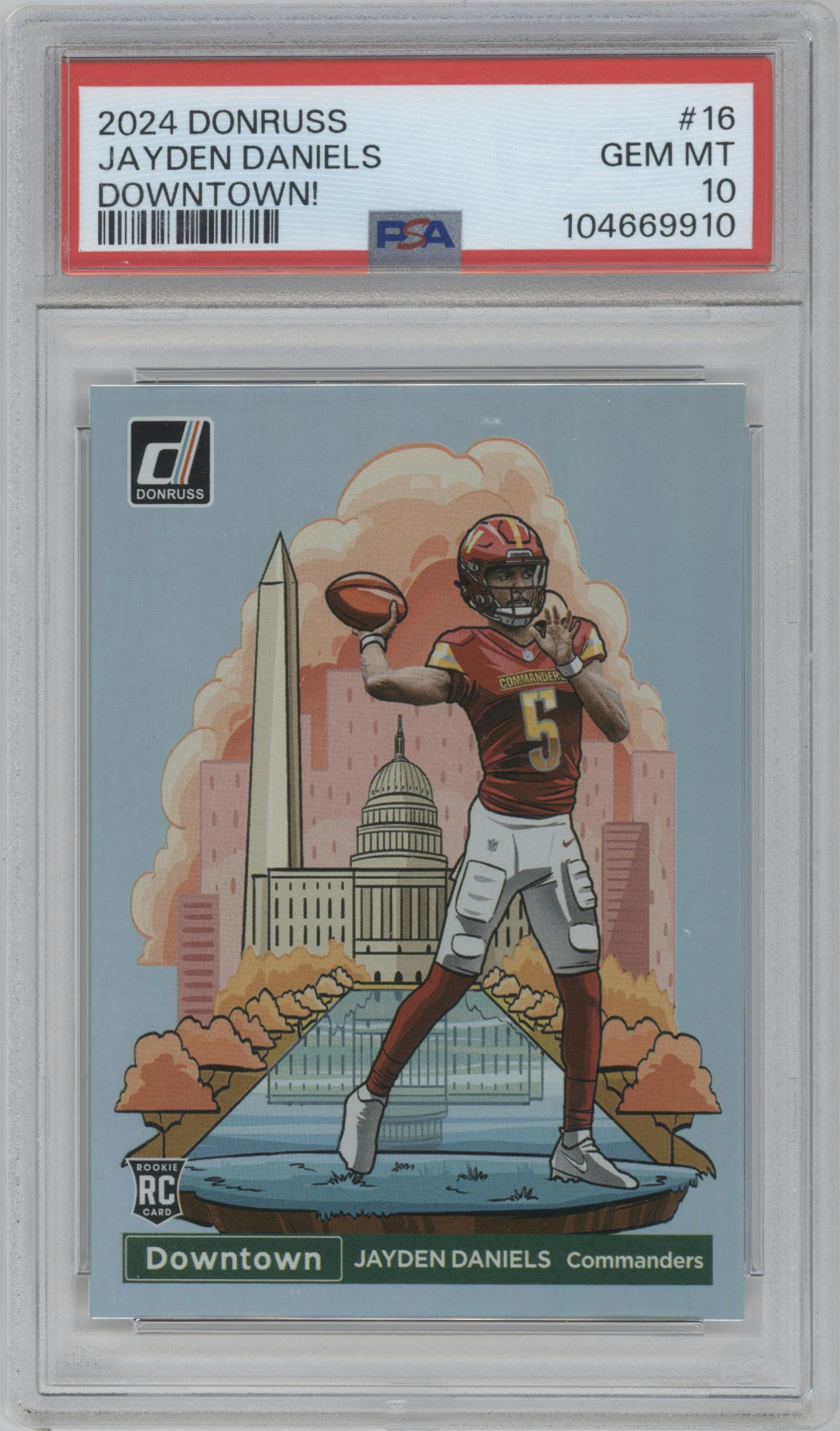 Jayden Daniels from the 2024 Donruss set graded by PSA and given an overall grade of 10.