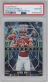 Jayden Daniels from the 2024 Panini Prizm set featuring a Green Prizm parallel graded by PSA and given an overall grade of 10.