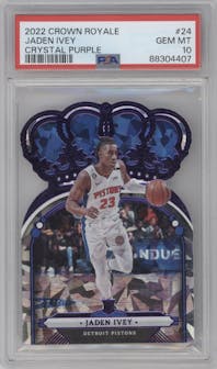 Jaden Ivey from the 2022-23 Panini Crown Royale set featuring a Crystal Purple parallel graded by PSA and given an overall grade of 10.