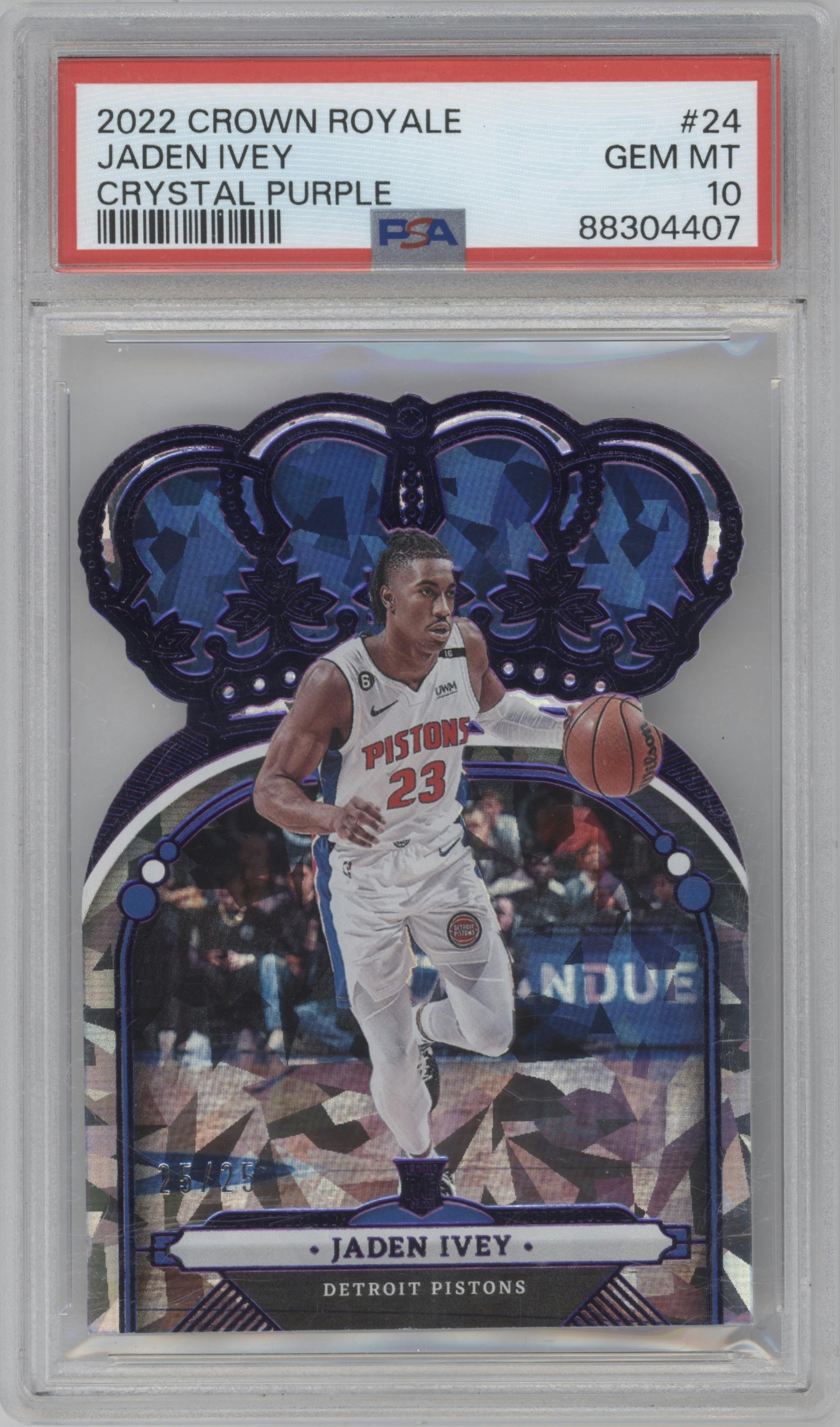 Jaden Ivey from the 2022-23 Panini Crown Royale set featuring a Crystal Purple parallel graded by PSA and given an overall grade of 10.