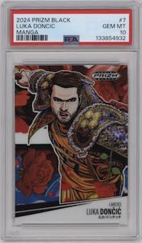 Luka Doncic from the 2024-25 Panini Prizm Black set graded by PSA and given an overall grade of 10.