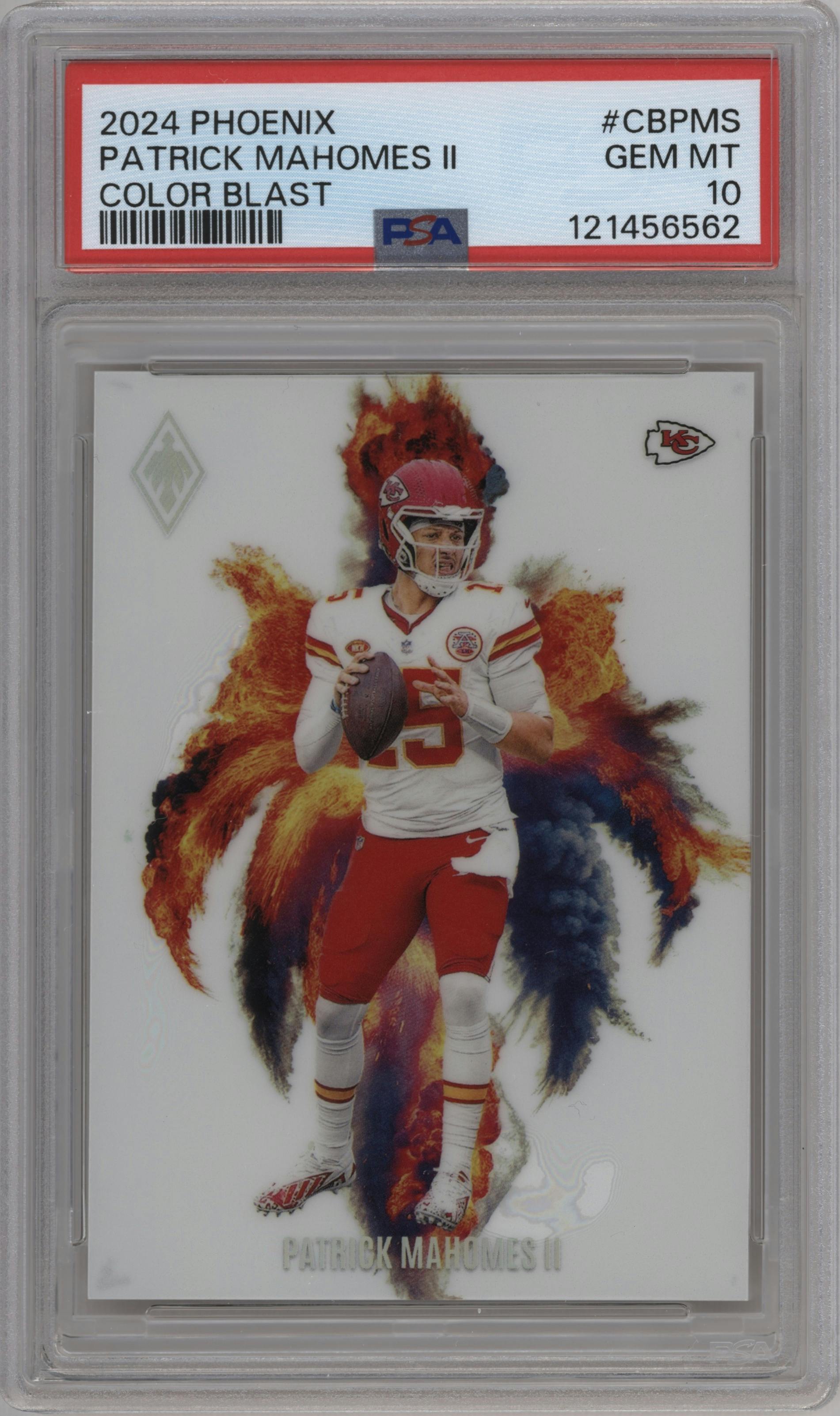 Patrick Mahomes II from the 2024 Panini Phoenix set graded by PSA and given an overall grade of 10.