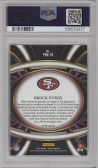 Brock Purdy from the 2022 Panini Select set featuring a Silver Prizm parallel graded by PSA and given an overall grade of 9.