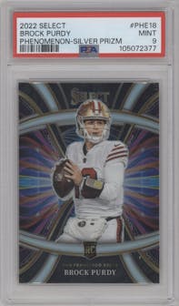 Brock Purdy from the 2022 Panini Select set featuring a Silver Prizm parallel graded by PSA and given an overall grade of 9.