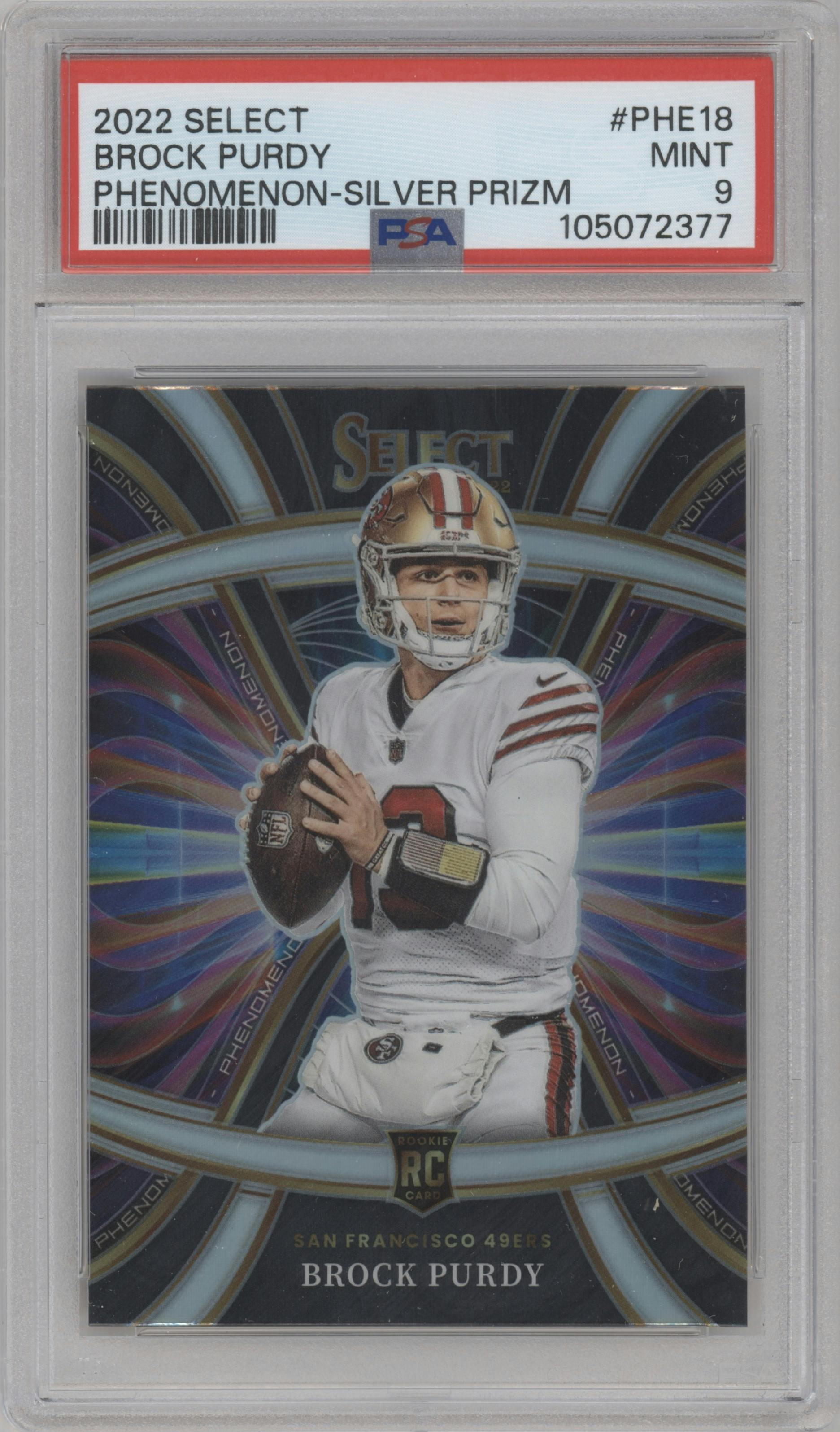 Brock Purdy from the 2022 Panini Select set featuring a Silver Prizm parallel graded by PSA and given an overall grade of 9.