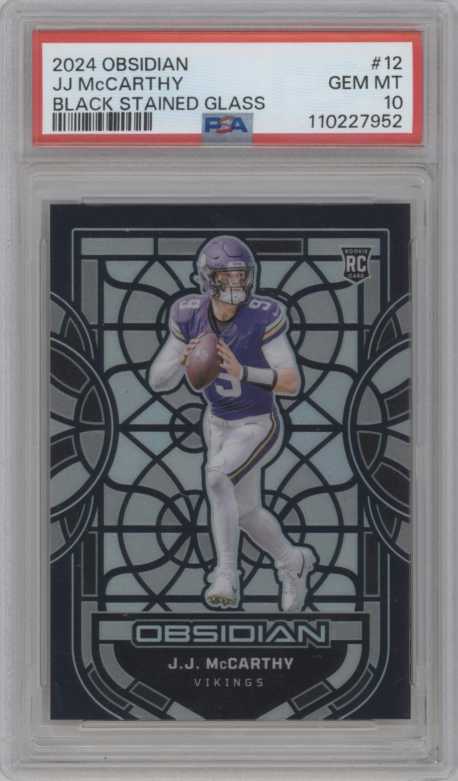 J.J. McCarthy from the 2024 Panini Obsidian set graded by PSA and given an overall grade of 10.