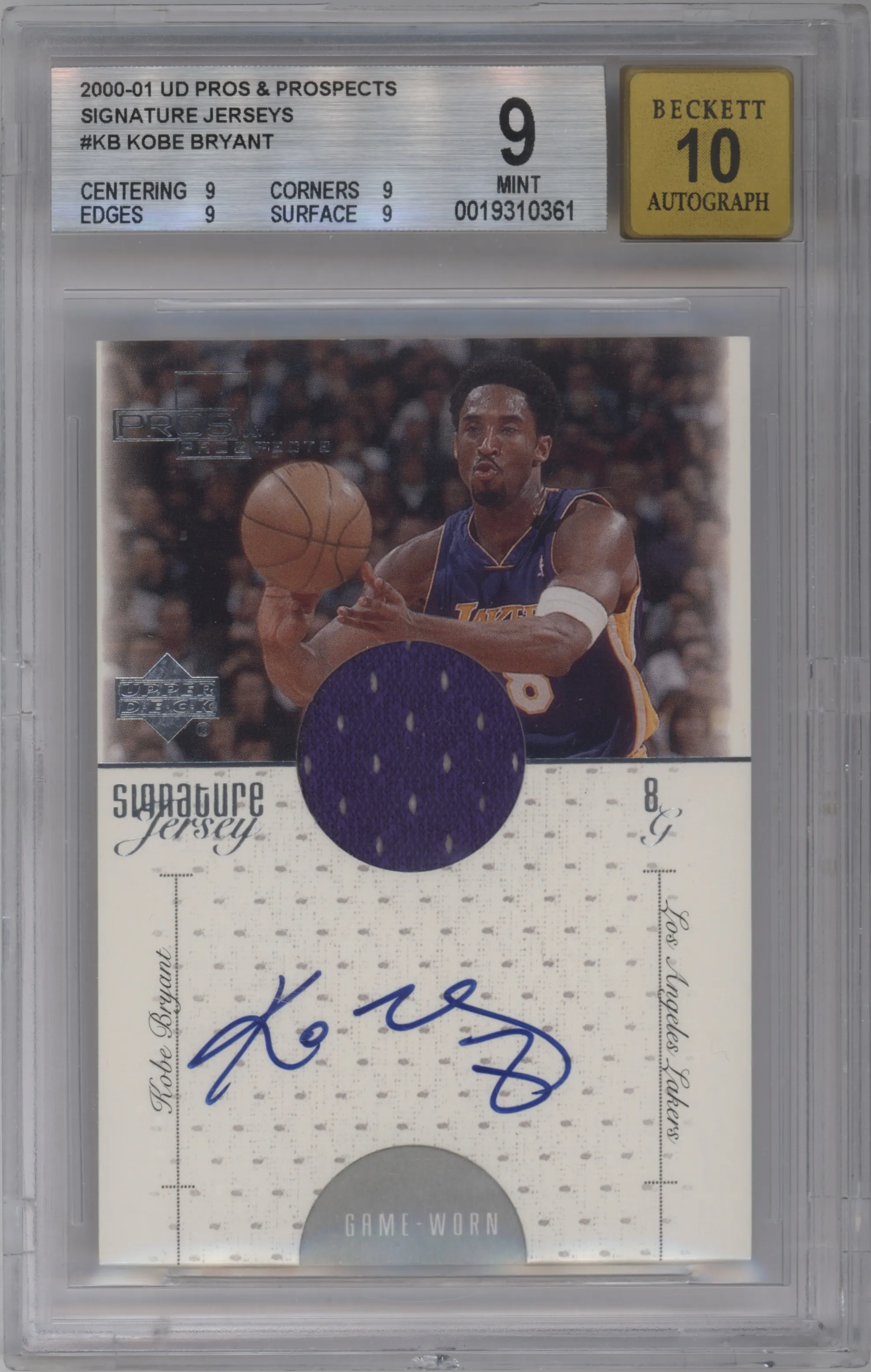 2000 Upper Deck Pros & Prospects Sig.Jrsy. Kobe Bryant #KB  BGS 9