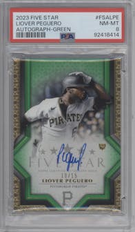Liover Peguero from the 2023 Topps Five Star set featuring a Green parallel graded by PSA and given an overall grade of 8.