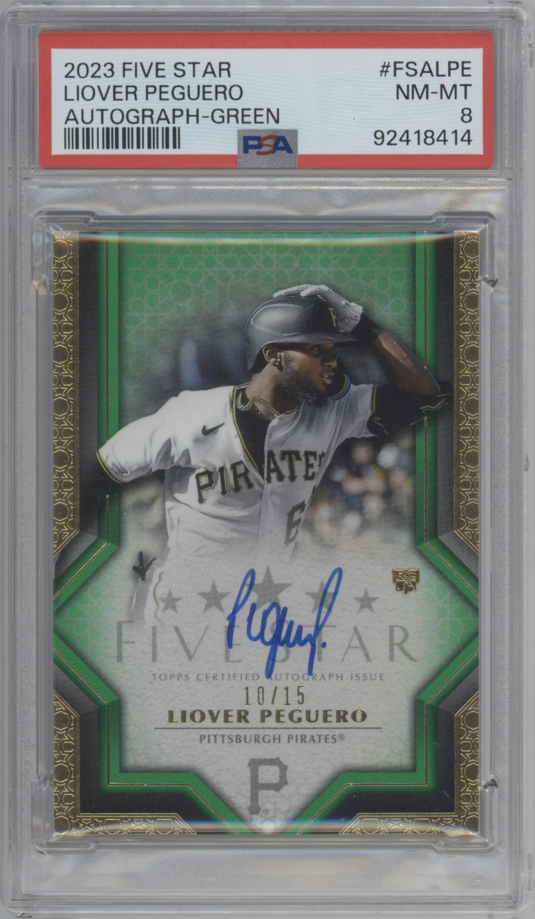 Liover Peguero from the 2023 Topps Five Star set featuring a Green parallel graded by PSA and given an overall grade of 8.