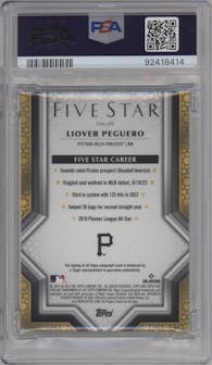 Liover Peguero from the 2023 Topps Five Star set featuring a Green parallel graded by PSA and given an overall grade of 8.