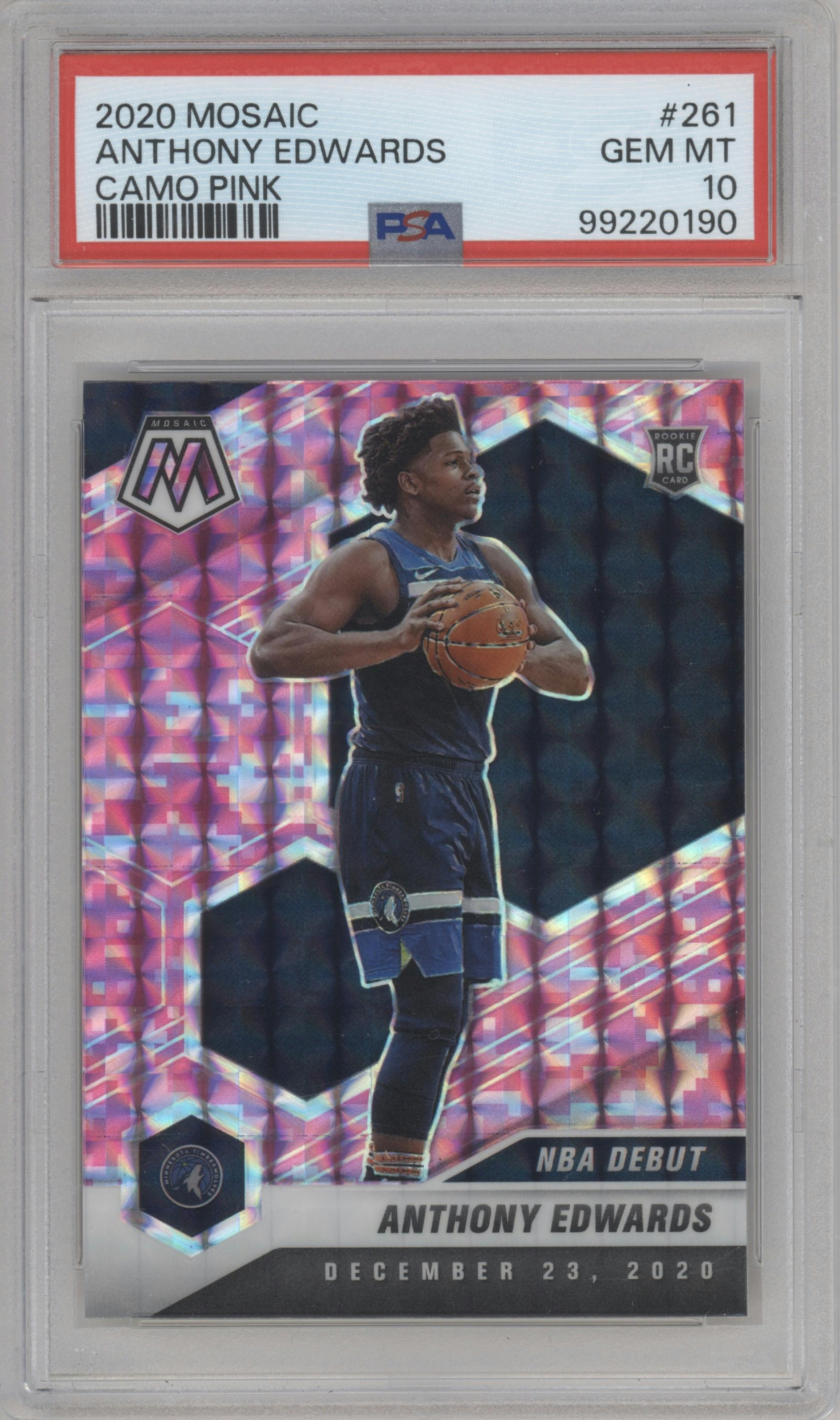 Anthony Edwards from the 2020-21 Panini Mosaic set featuring a Pink Camo parallel graded by PSA and given an overall grade of 10.