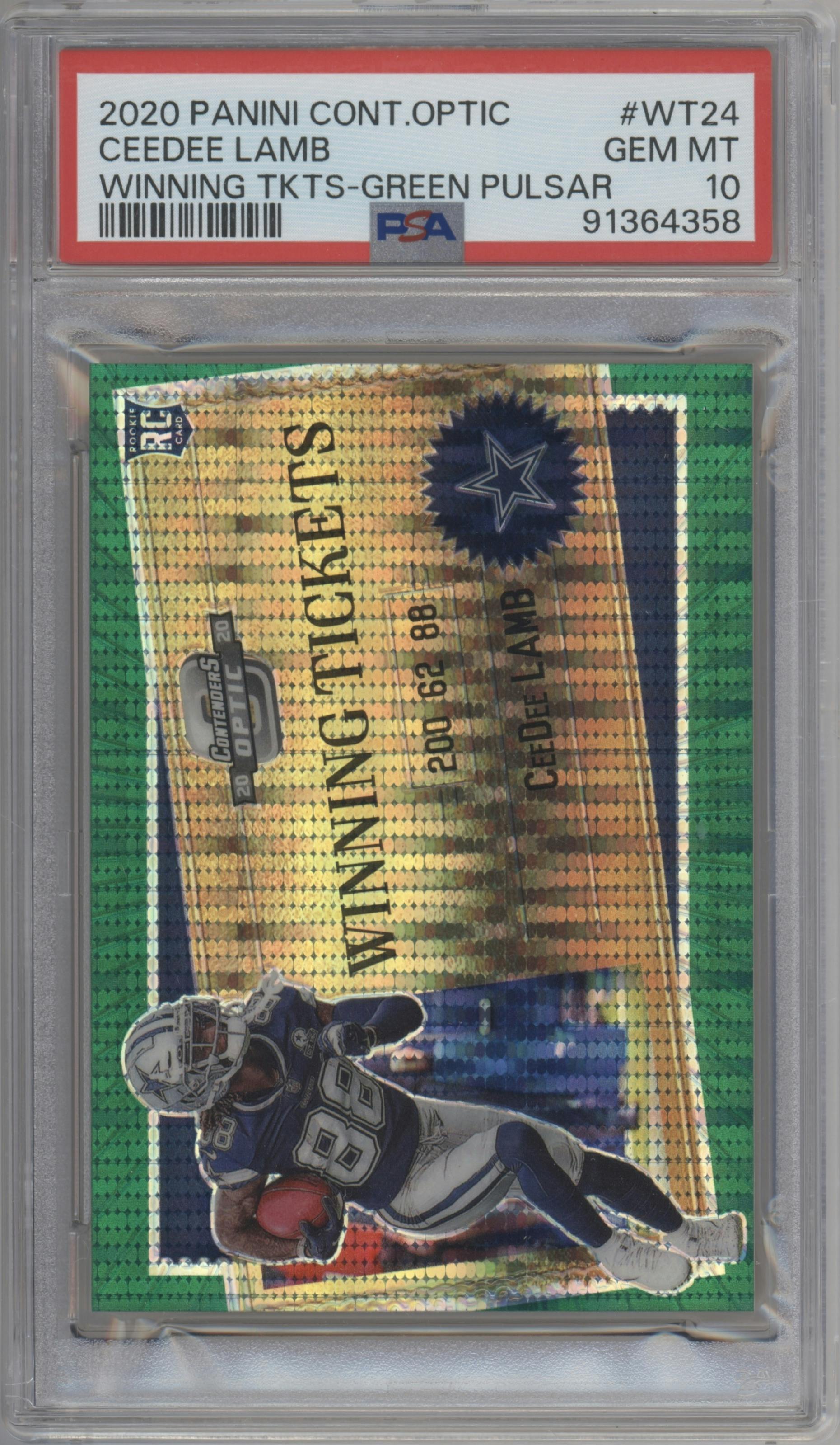 CeeDee Lamb from the 2020 Panini Contenders Optic set featuring a Green Pulsar parallel graded by PSA and given an overall grade of 10.