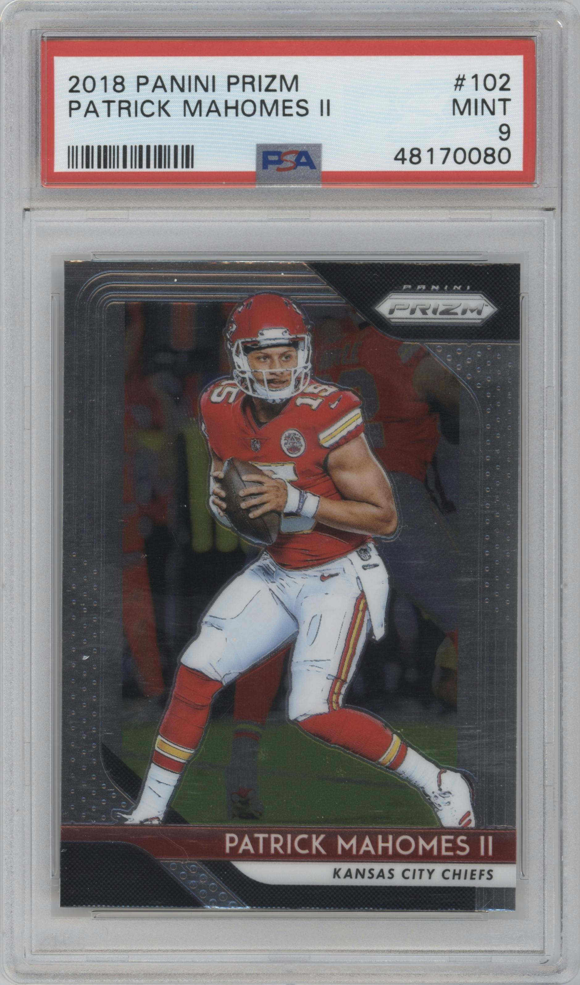 Patrick Mahomes II from the 2018 Panini Prizm set graded by PSA and given an overall grade of 9.