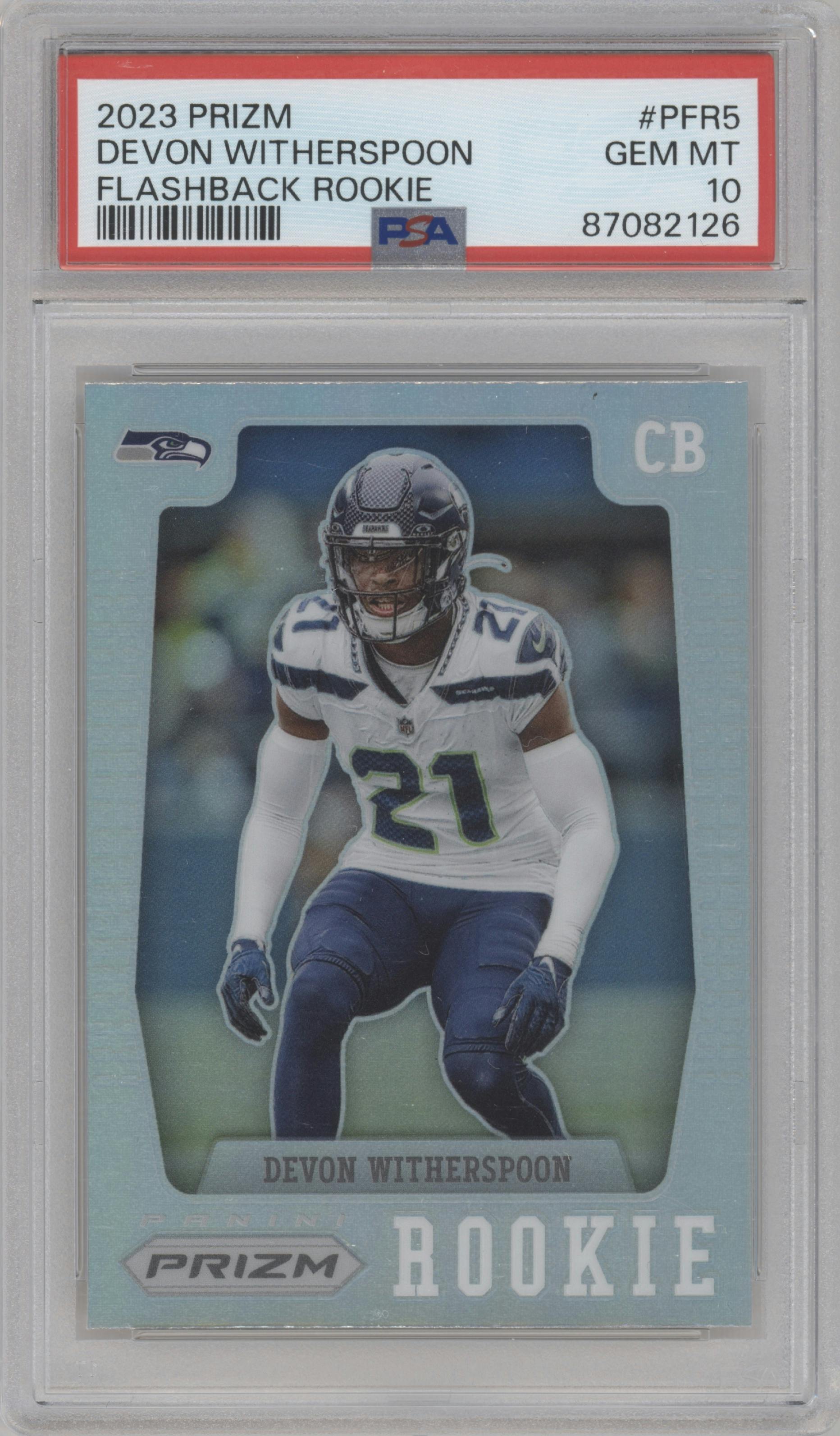 Devon Witherspoon from the 2023 Panini Prizm set featuring a Silver Prizm parallel graded by PSA and given an overall grade of 10.