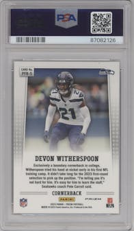Devon Witherspoon from the 2023 Panini Prizm set featuring a Silver Prizm parallel graded by PSA and given an overall grade of 10.