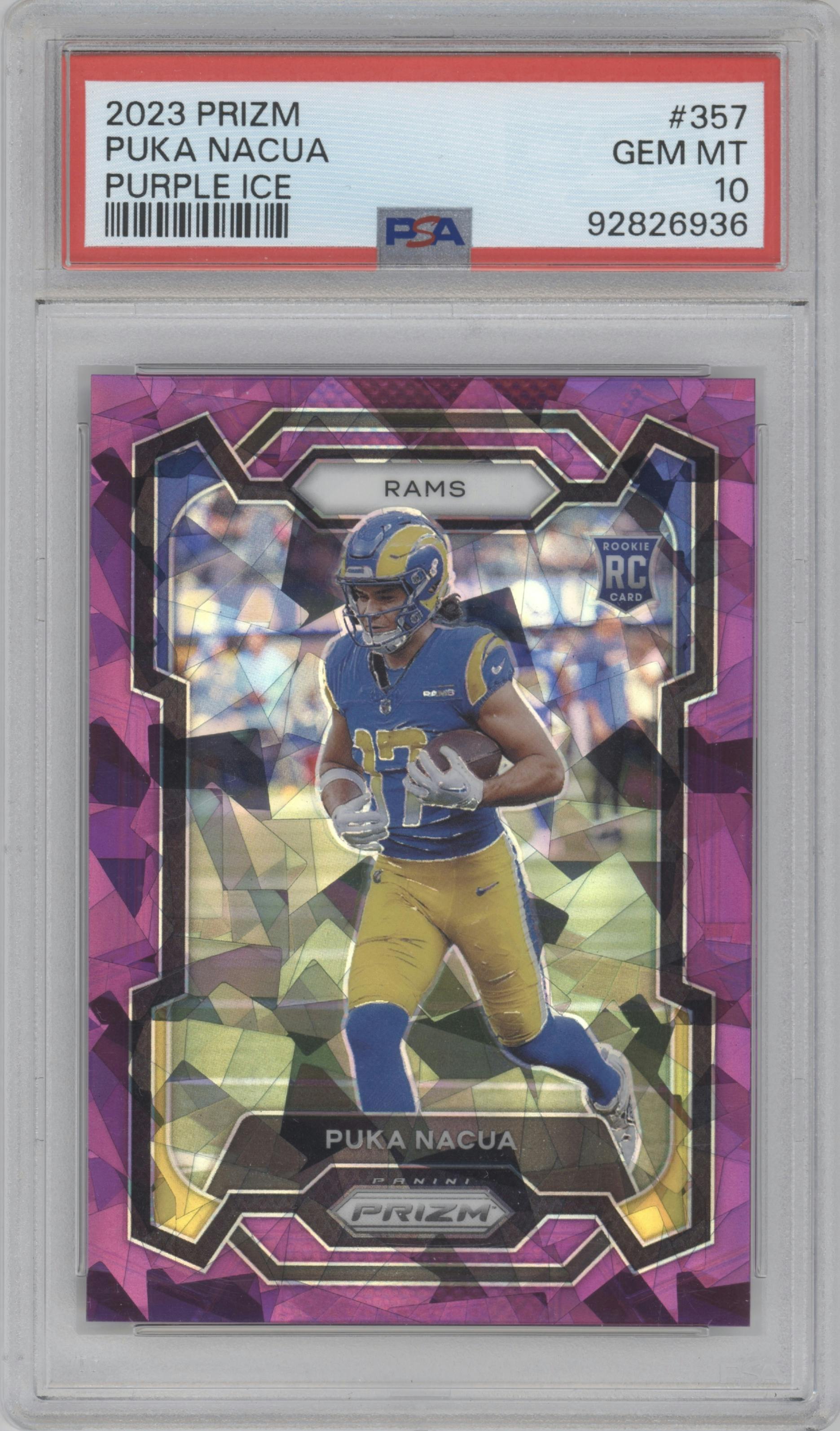 Puka Nacua from the 2023 Panini Prizm set featuring a Purple Ice parallel graded by PSA and given an overall grade of 10.