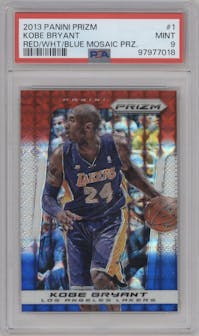 Kobe Bryant from the 2013-14 Panini Prizm set featuring a Red/White/Blue Mosaic parallel graded by PSA and given an overall grade of 9.