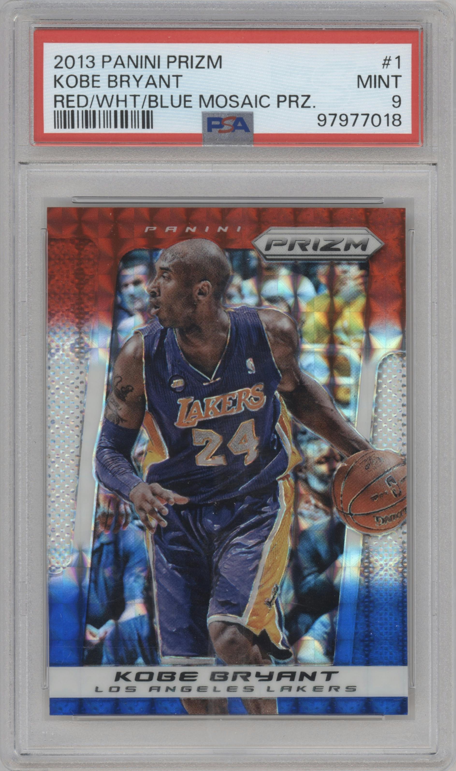 Kobe Bryant from the 2013-14 Panini Prizm set featuring a Red/White/Blue Mosaic parallel graded by PSA and given an overall grade of 9.