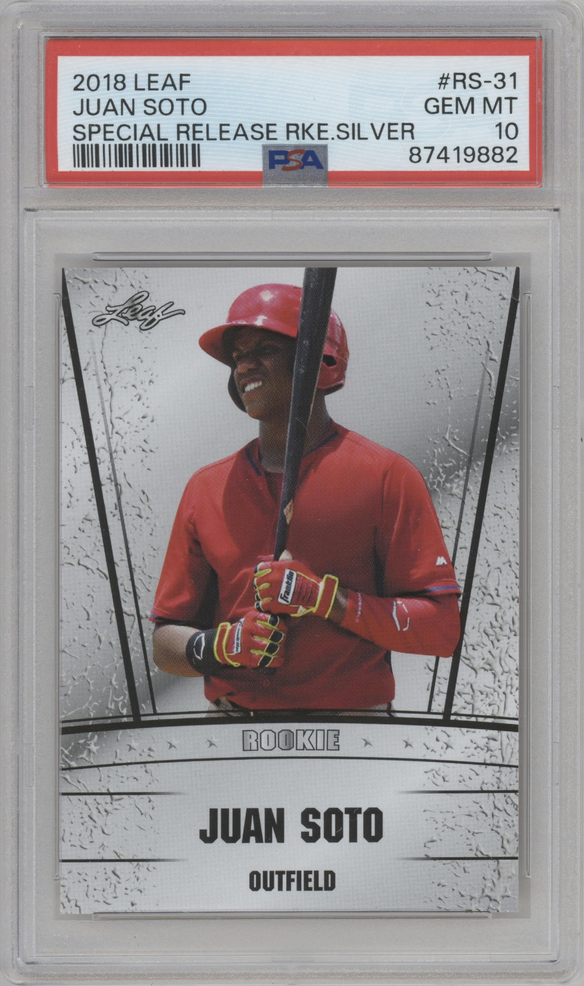 Juan Soto from the 2018 Leaf Special Release  set graded by PSA and given an overall grade of 10.