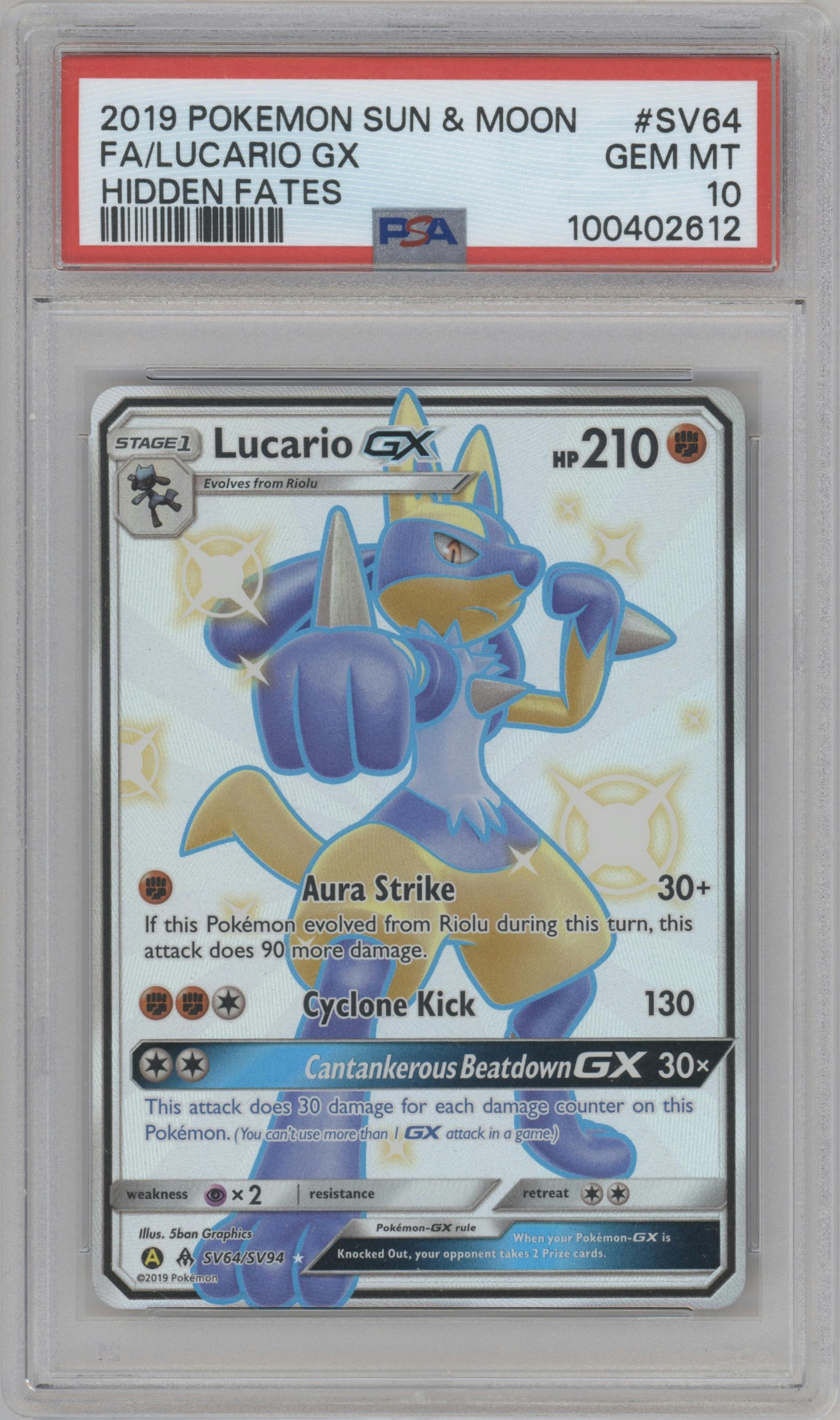 Lucario GX from the 2019 Pokemon S&M  set graded by PSA and given an overall grade of 10.