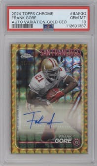 Frank Gore  from the 2024 Topps Chrome set featuring a Gold Geometric Refractor parallel graded by PSA and given an overall grade of 10.